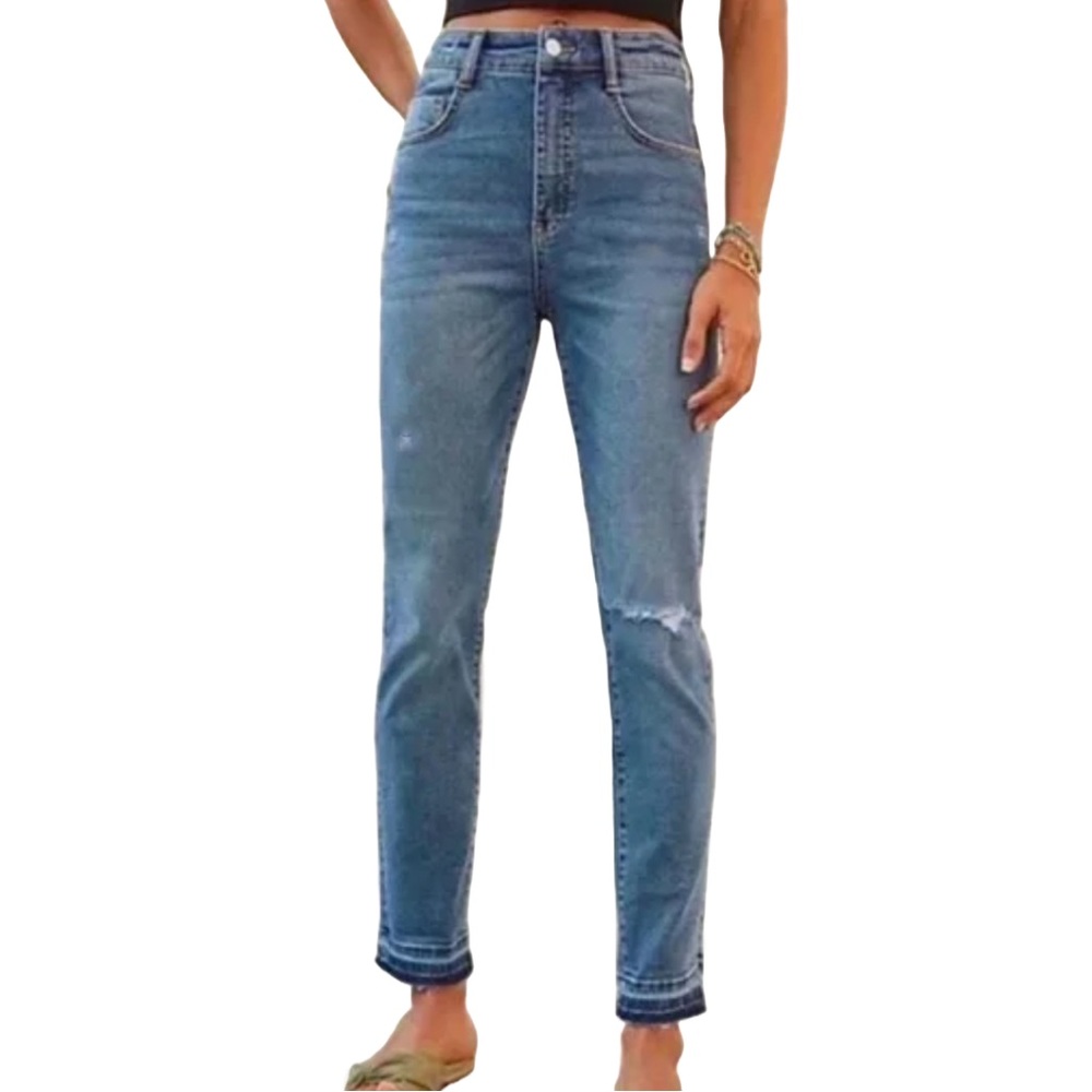 Pilcro Straight Raw-Hem Jeans in Medium Blue Denim by Anthropologie, Size 29